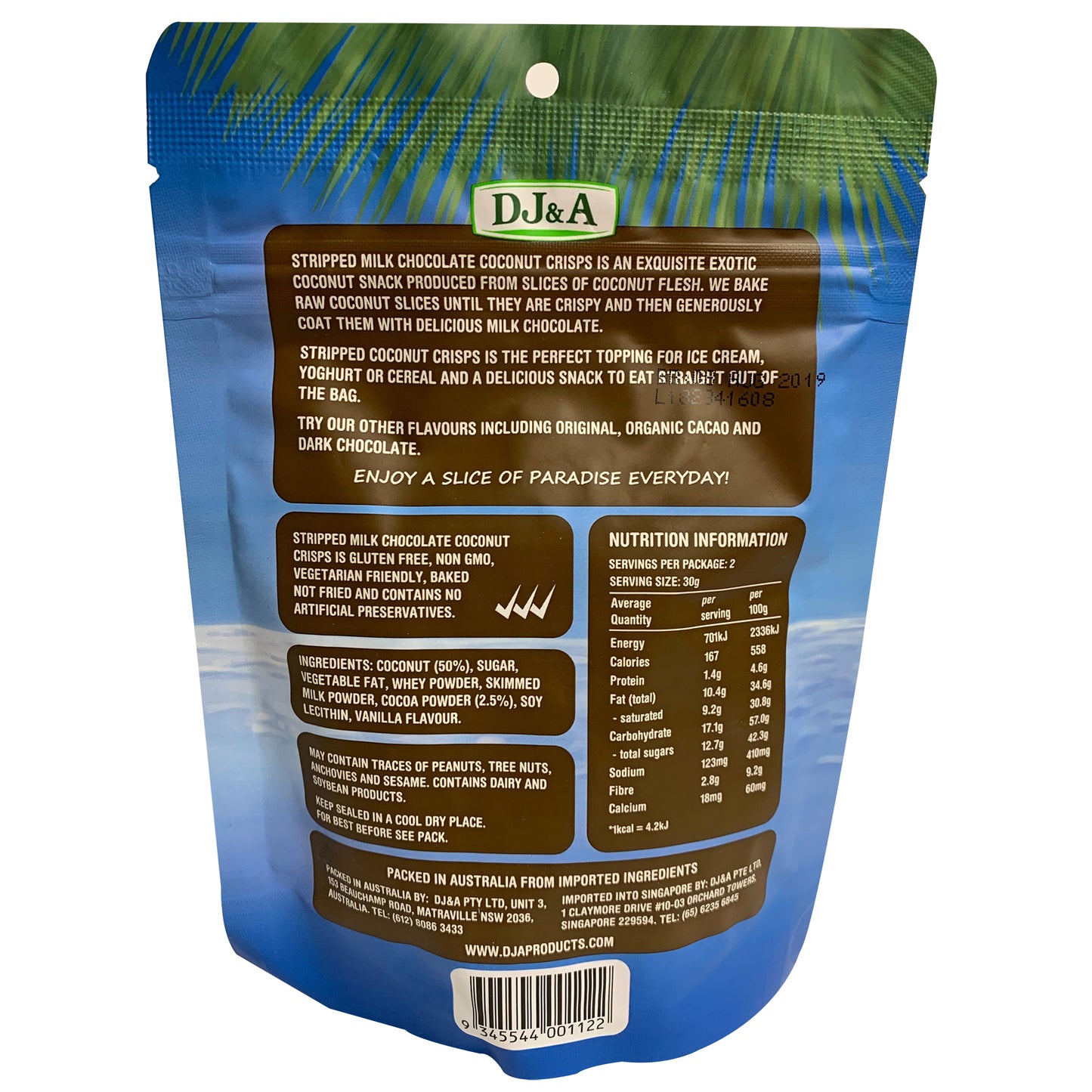 DJ and A Stripped Coconut Crisps Coated in Milk Chocolate 60g