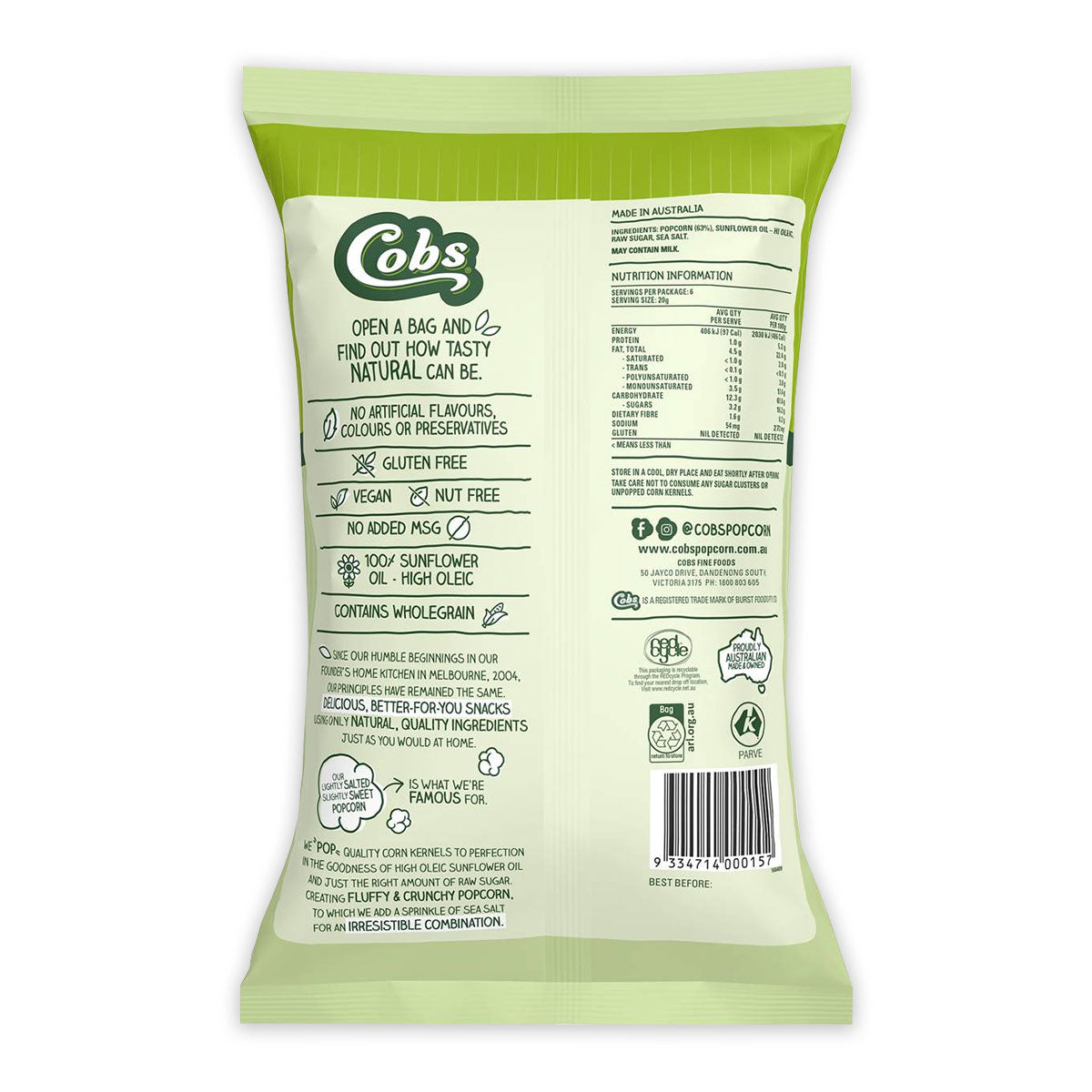 Cobs Natural Popcorn Lightly Salted and slightly Sweet 120g | Harris Farm Online