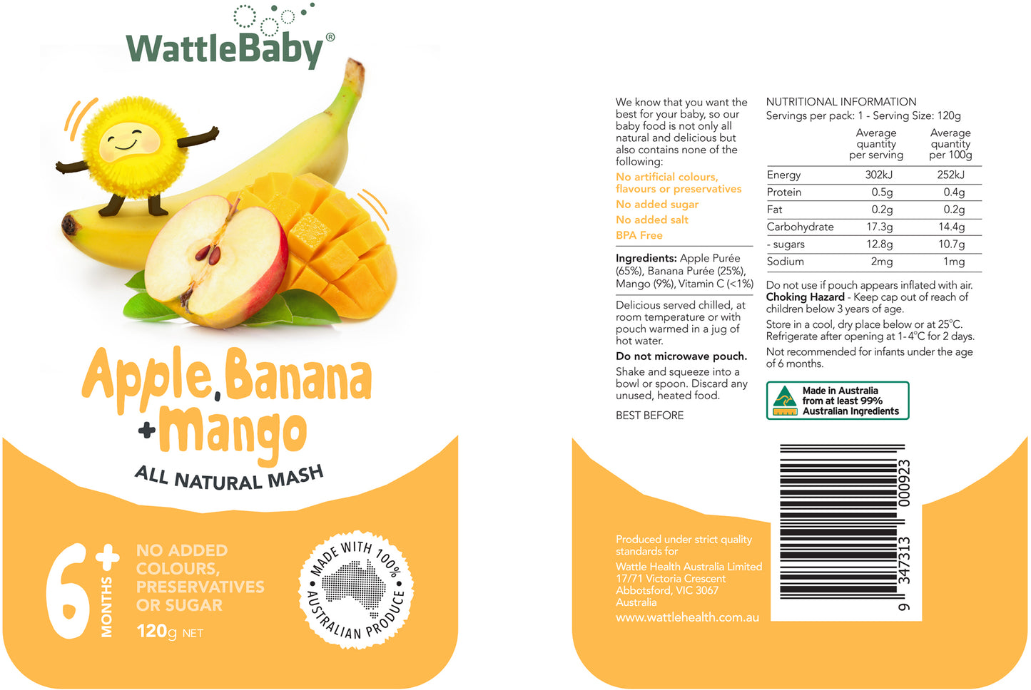 WattleBaby - Natural Baby Food - Apple, Banana and Mango (120g)