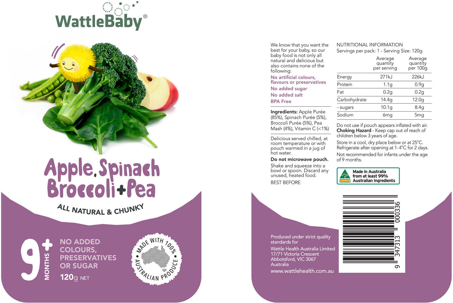 WattleBaby Natural Apple, Spinach, Broccoli and Pea 120g