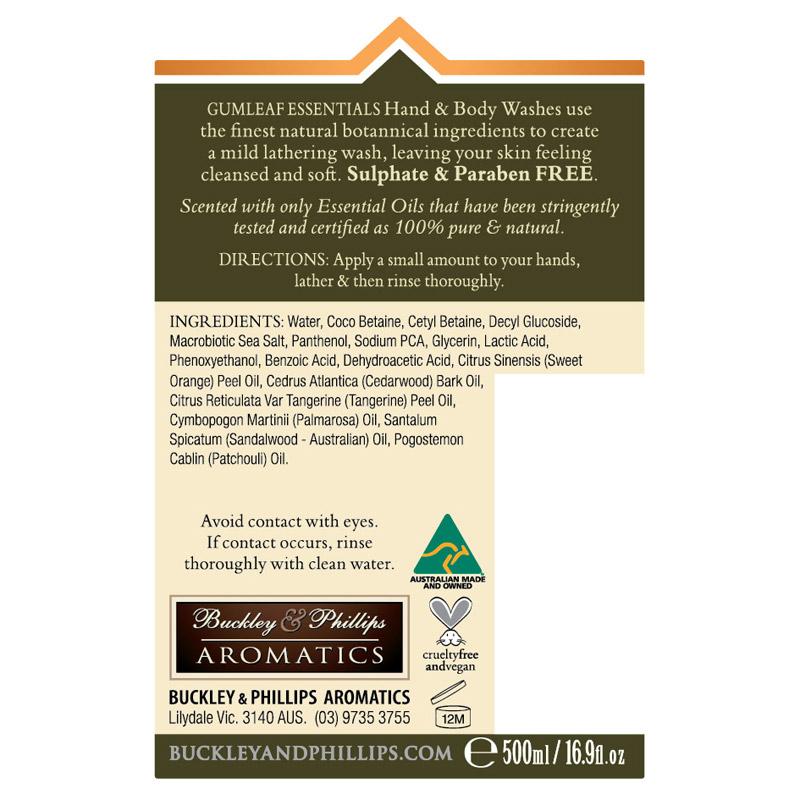 Gumleaf Essentials Soothing Hand and Body Wash with Tangerine, Sandalwood and Cedarwood 500ml