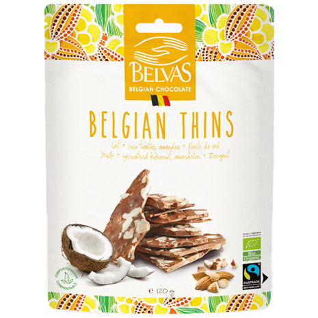 Belvas Belgian Thins Organic Milk Chocolate Coconut, Almond and Sea Salt | Harris Farm Online