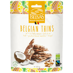 Belvas Belgian Thins Organic Milk Chocolate Coconut, Almond and Sea Salt | Harris Farm Online