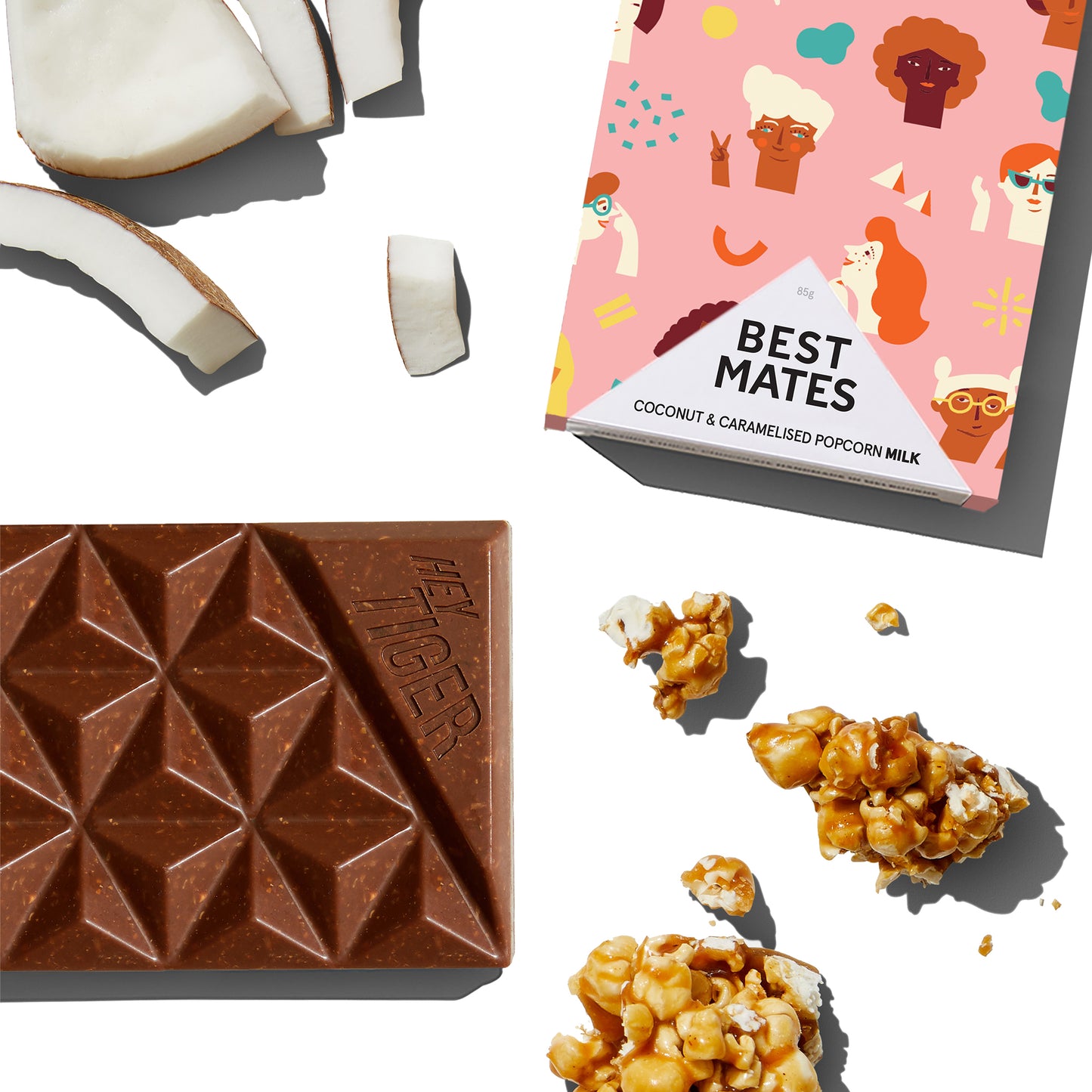 Hey Tiger Best Mates Coconut and Caramelised Popcorn Milk Chocolate | Harris Farm Online