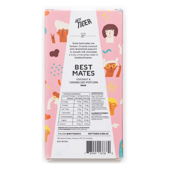 Hey Tiger Best Mates Coconut and Caramelised Popcorn Milk Chocolate | Harris Farm Online