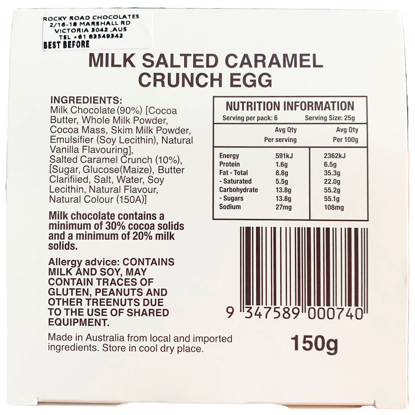 Rocky Road Chocolates Milk Chocolate Salted Caramel Crunch Egg 150g