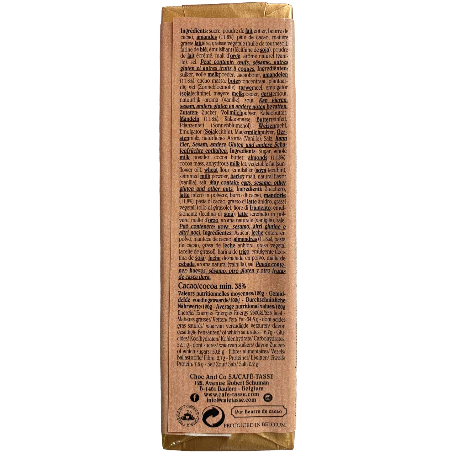 Cafe Tasse Milk Chocolate Bar with Almond Praline and Crispy Crepe | Harris Farm Online