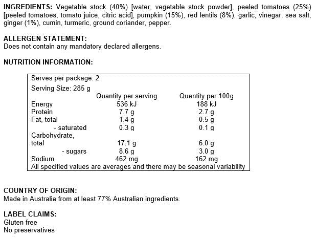 Yalla - Pumpkin & Red Lentil Soup - with Ginger | Harris Farm Online