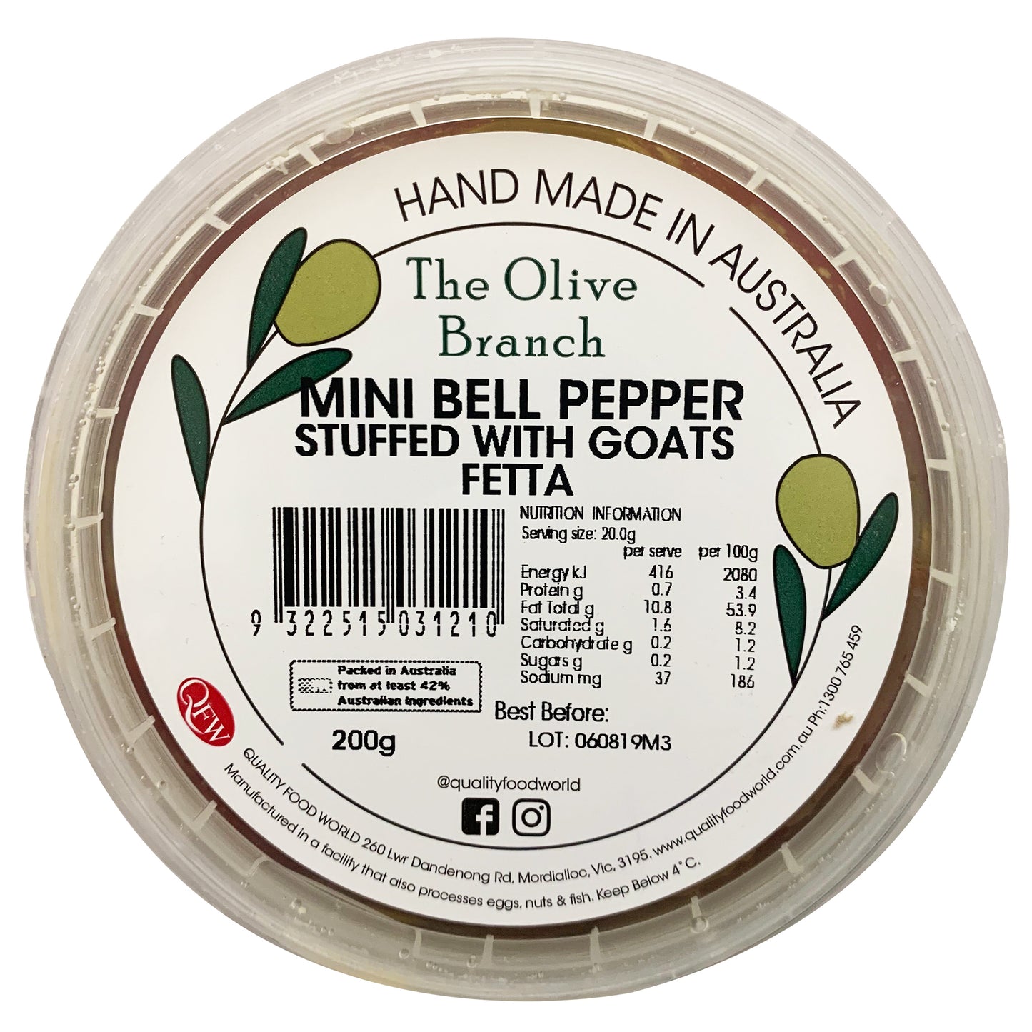 The Olive Branch - Mini Bell Pepper - Stuffed with Goats Fetta (200g)