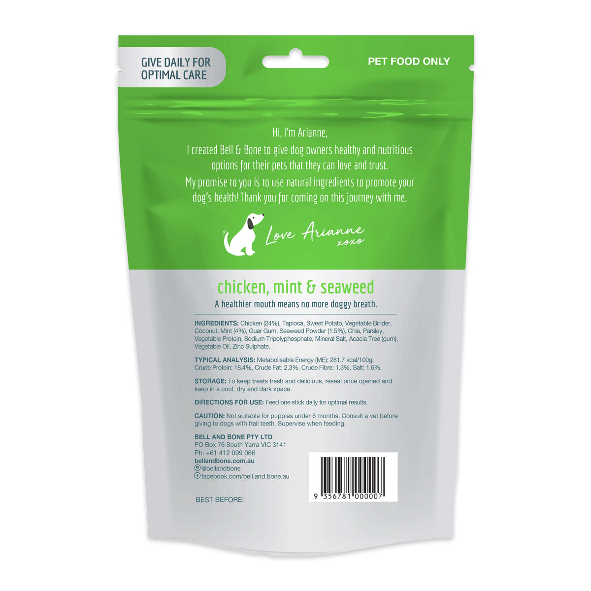 Bell & Bone Small Dog Chicken Mint and Seaweed Dental Sticks 126g | Harris Farm Markets Online