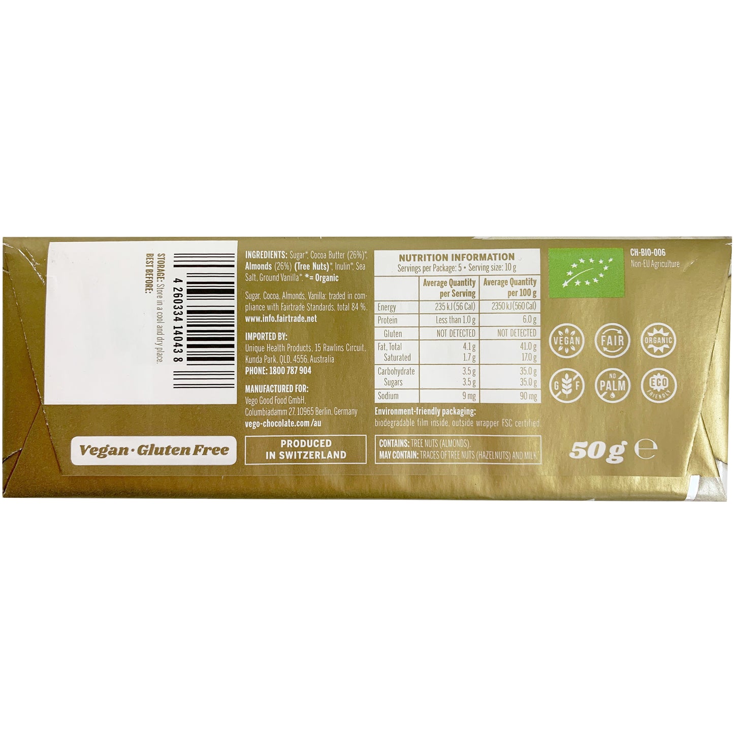 Vego Almond Bliss White Chocolate Bar 50g