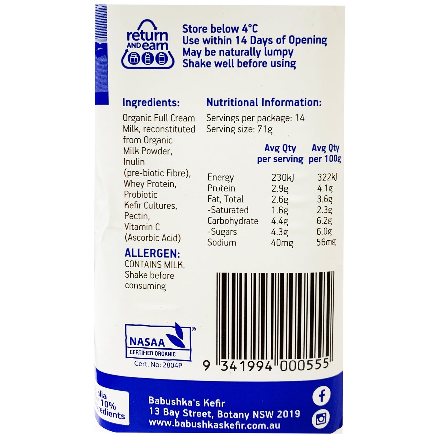 Babushka Yoghurt Probiotic Kefir Organic Natural 1kg