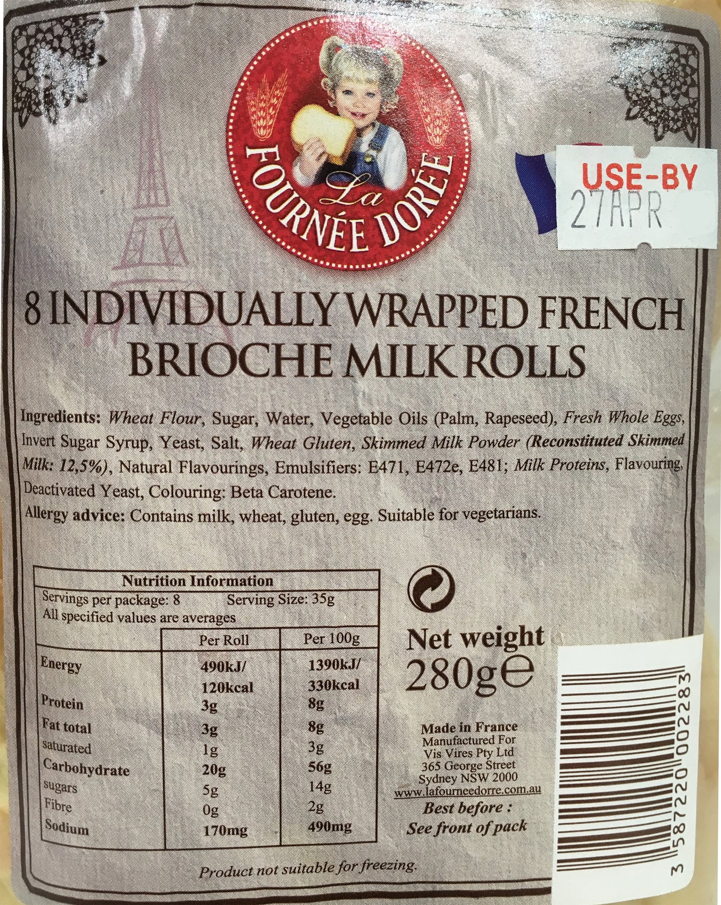 La Fournee Doree - Bread French Brioche - Milk Rolls (8 Rolls, 280g)
