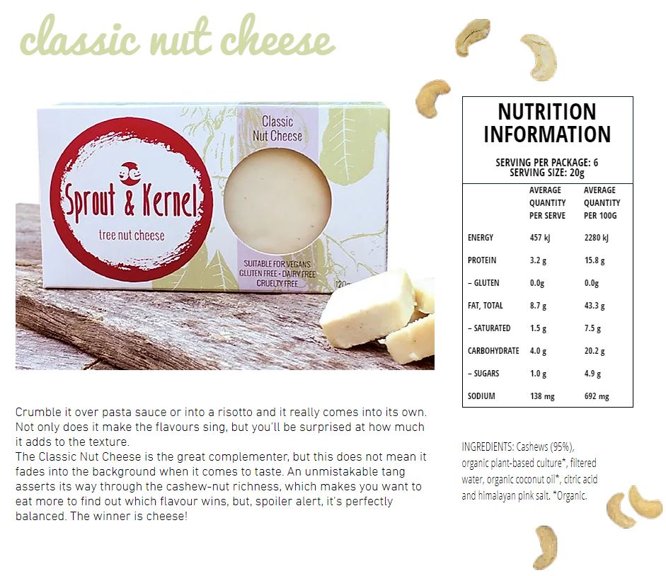 Sprout and Kernel Tree Nut Cheese Classic Cultured Cashew Cheese 120g