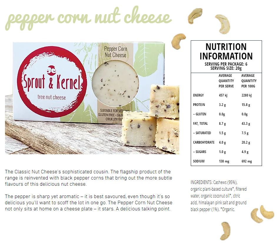 Sprout and Kernel Tree Nut Cheese Peppercorn Cultured Cashew Cheese 120g