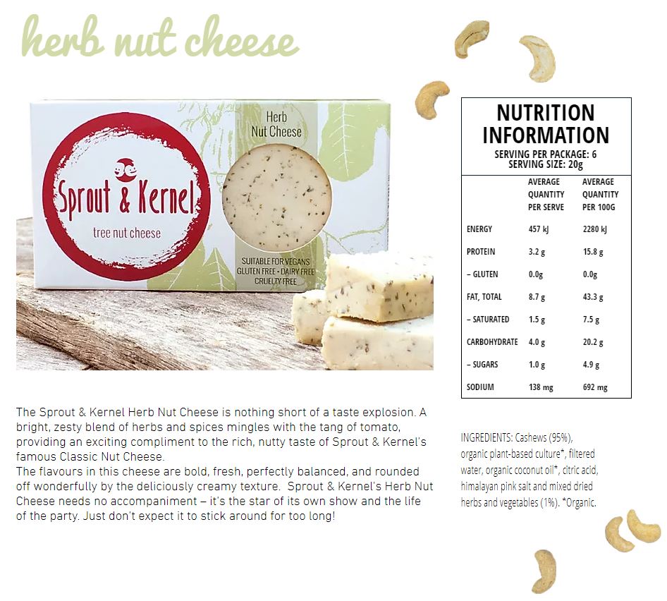 Sprout and Kernel Tree Nut Cheese Herb Cultured Cashew Cheese 120g