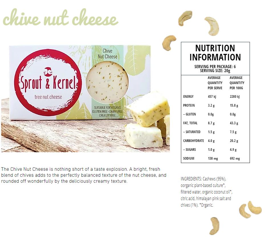 Sprout and Kernel Tree Nut Cheese Chive Cultured Cashew Cheese 120g