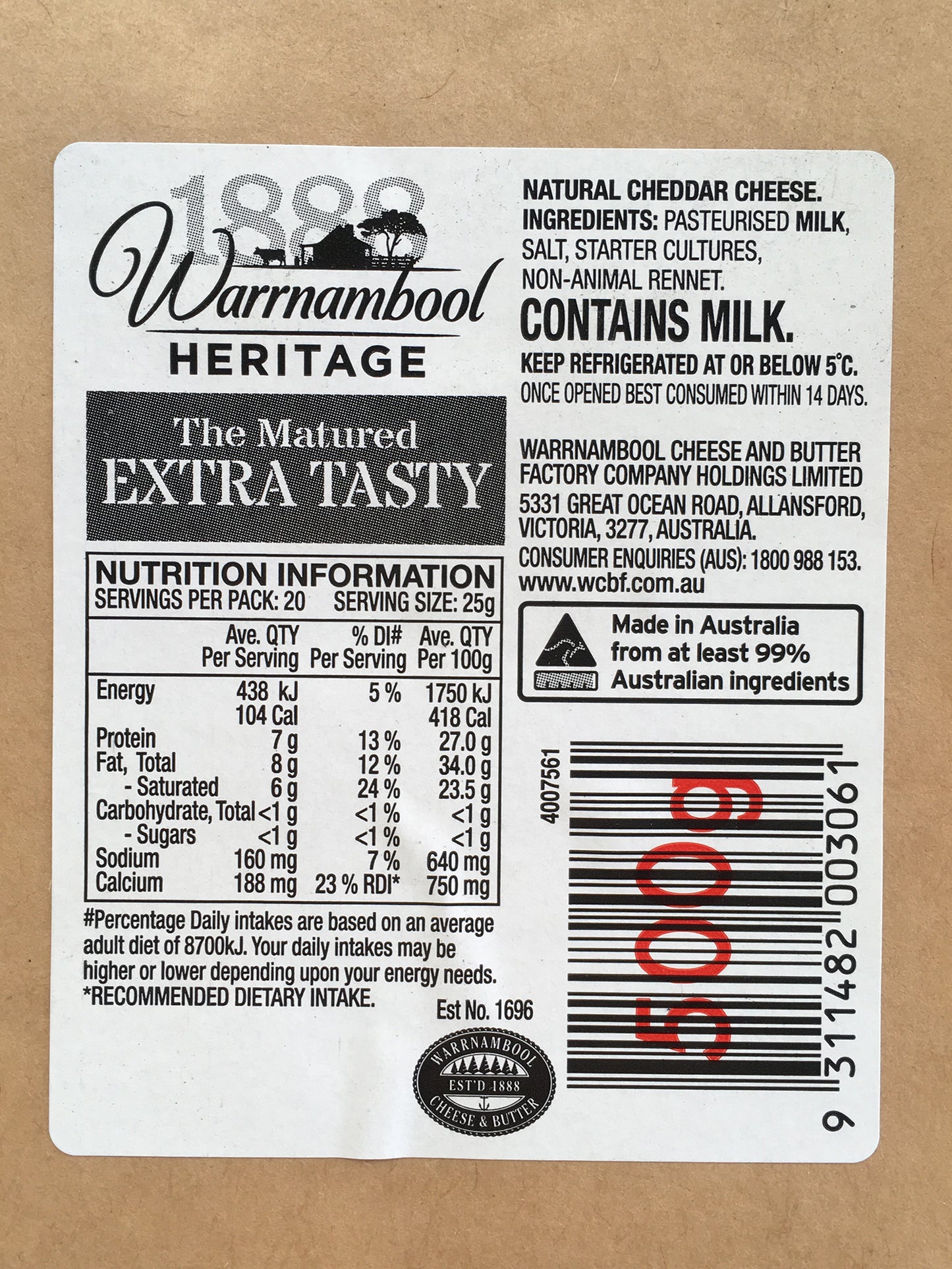 Cheddar - The Matured Extra Tasty (500g) Warrnambool