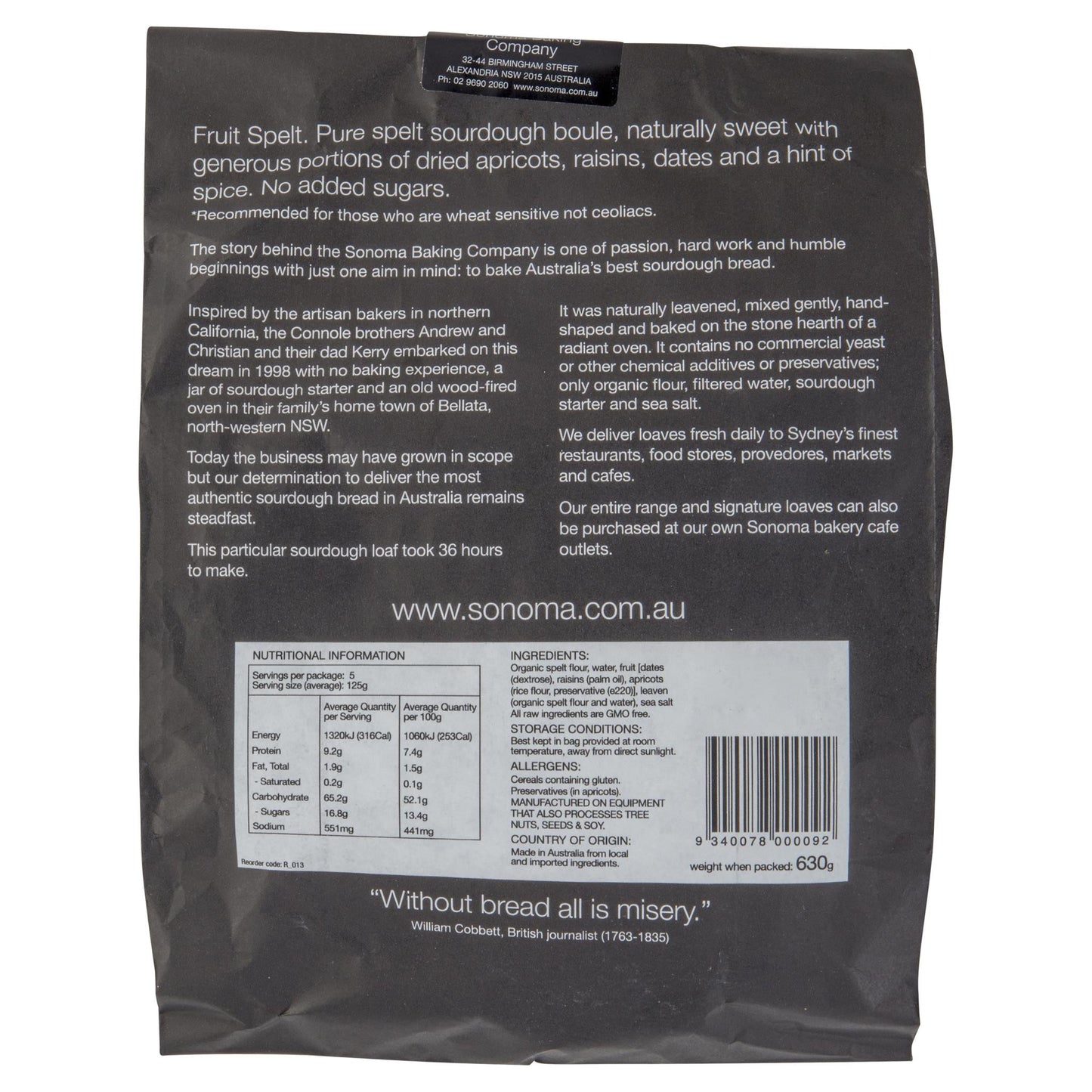 Sonoma Fruit Spelt Sourdough 630g , Z-Bakery - HFM, Harris Farm Markets
- 2
