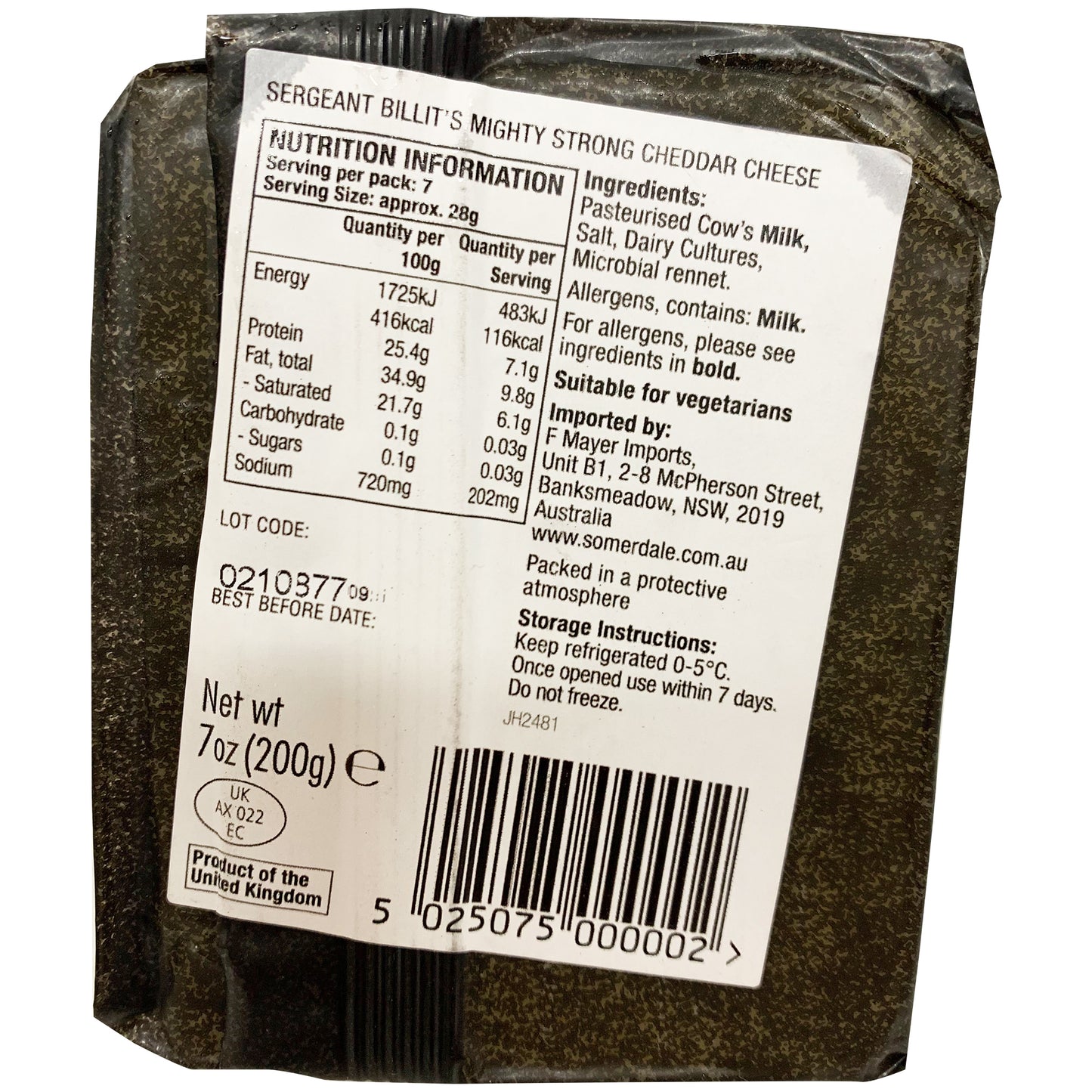 Somerdale Sergeant Billits Mighty Strong Cheddar Cheese 200g
