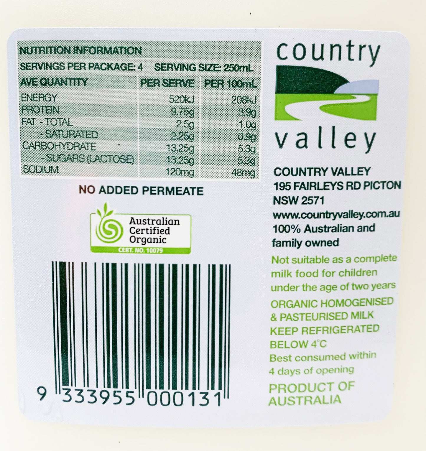 Country Valley Organic Lite Milk 1L