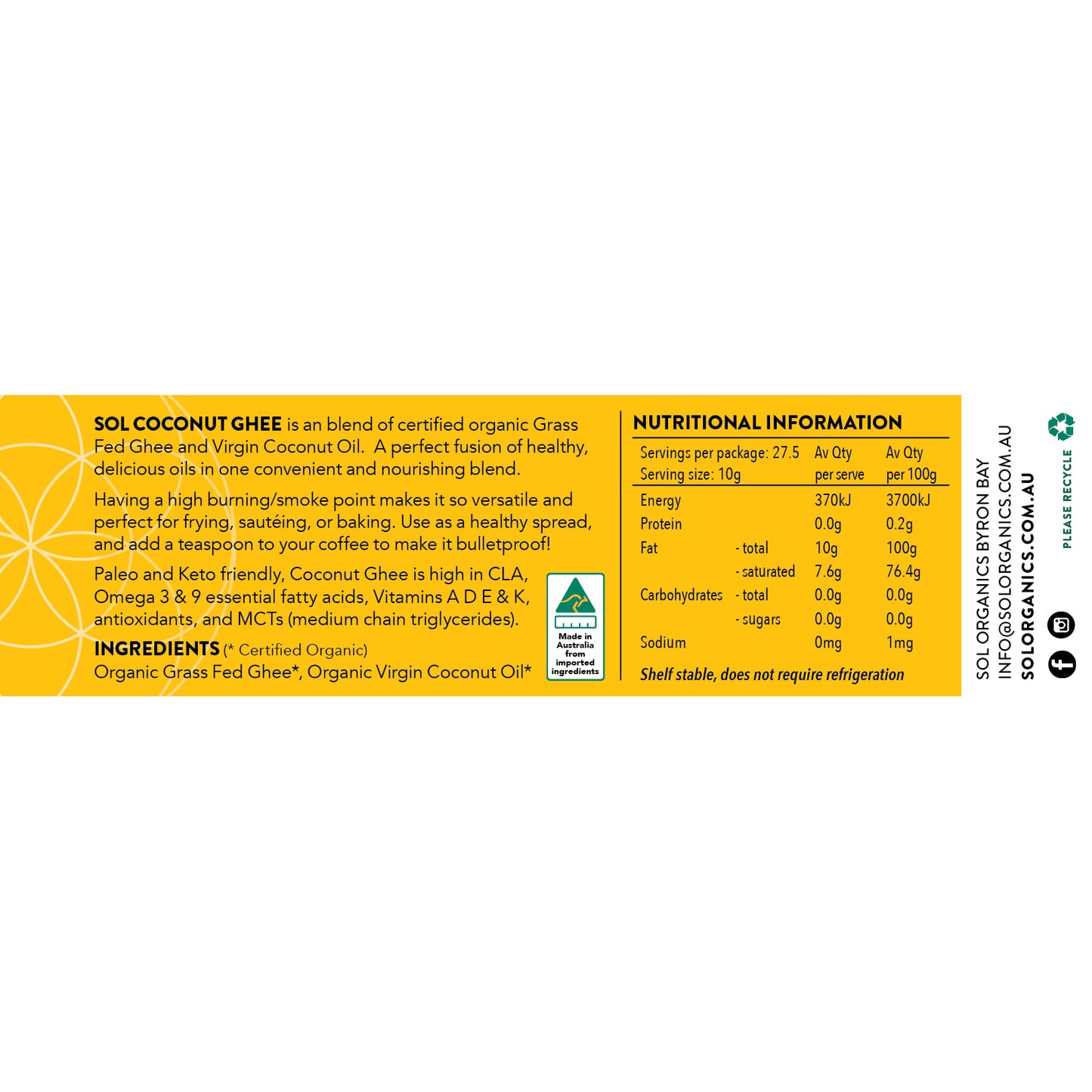 Sol Ghee Organic Coconut Oil and Grass Fed Ghee 275g | Harris Farm Markets Online