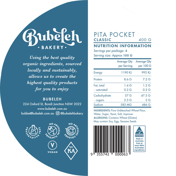 Bubeleh Bakery Classic Pita Pockets x4 400g Harris Farm Markets