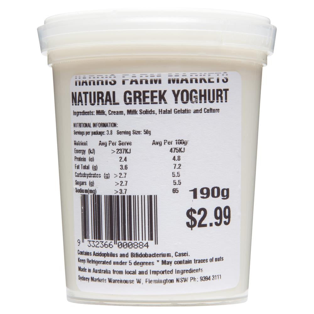 Harris Farm Yoghurt Natural Greek 190g , Frdg2-Dairy - HFM, Harris Farm Markets
 - 1