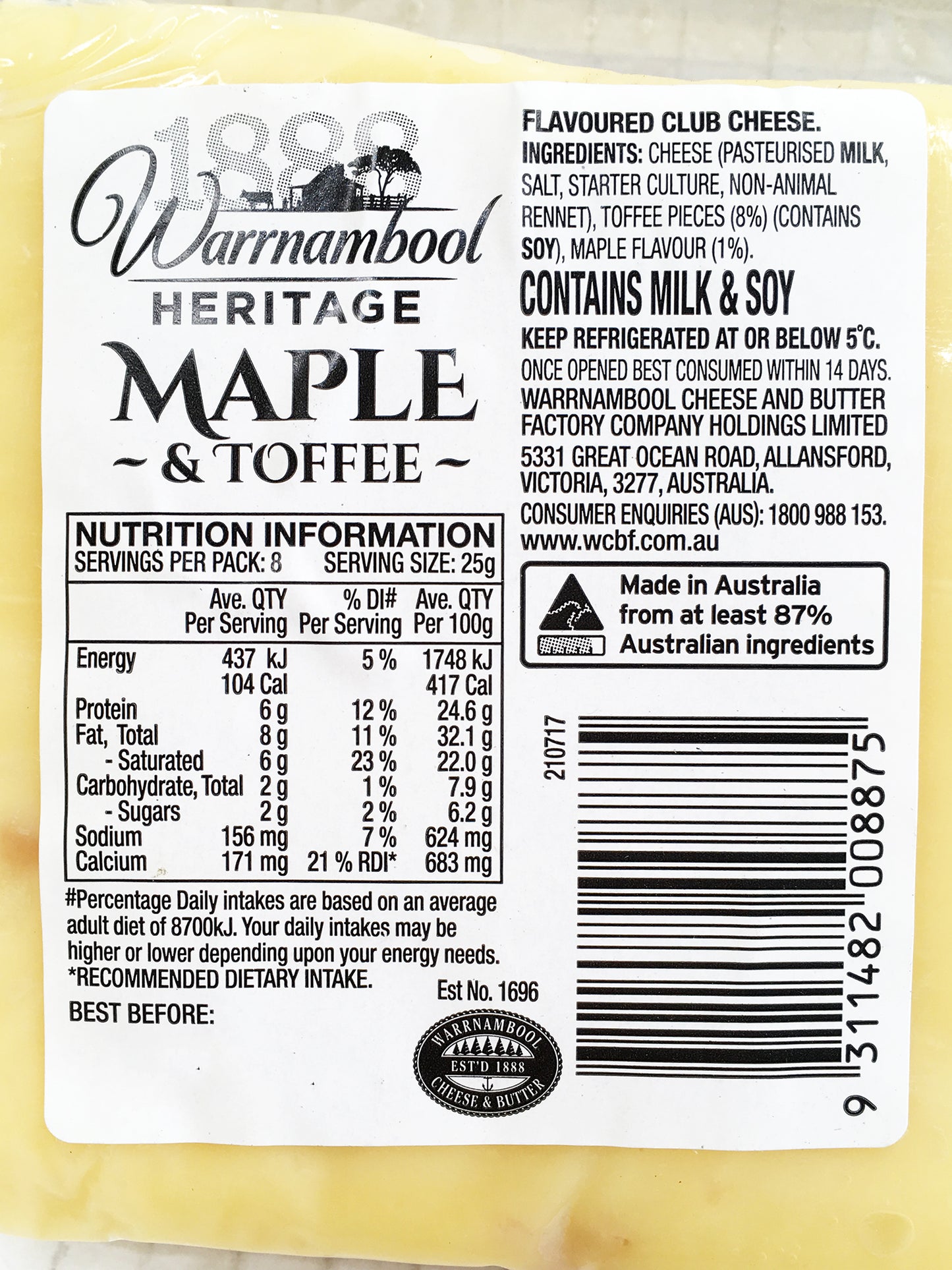 Warrnambool Maple and Toffee Club Cheddar Cheese 200g