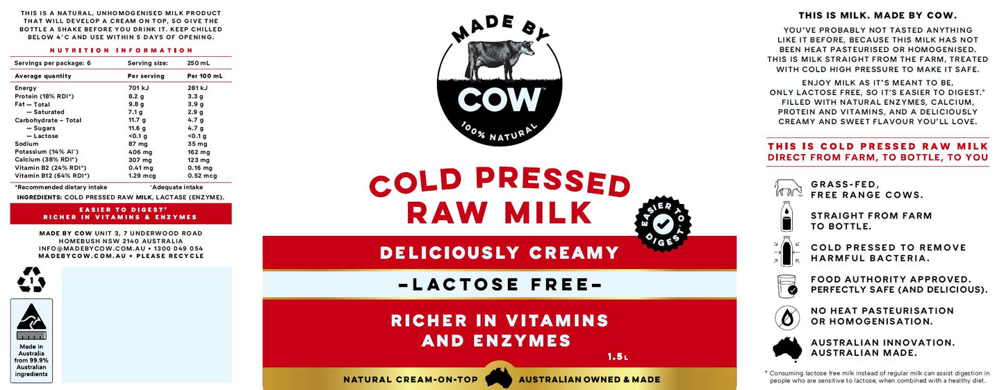 Made by Cow Cold Pressed Lactose Free Milk 1.5L | Harris Farm Markets Online