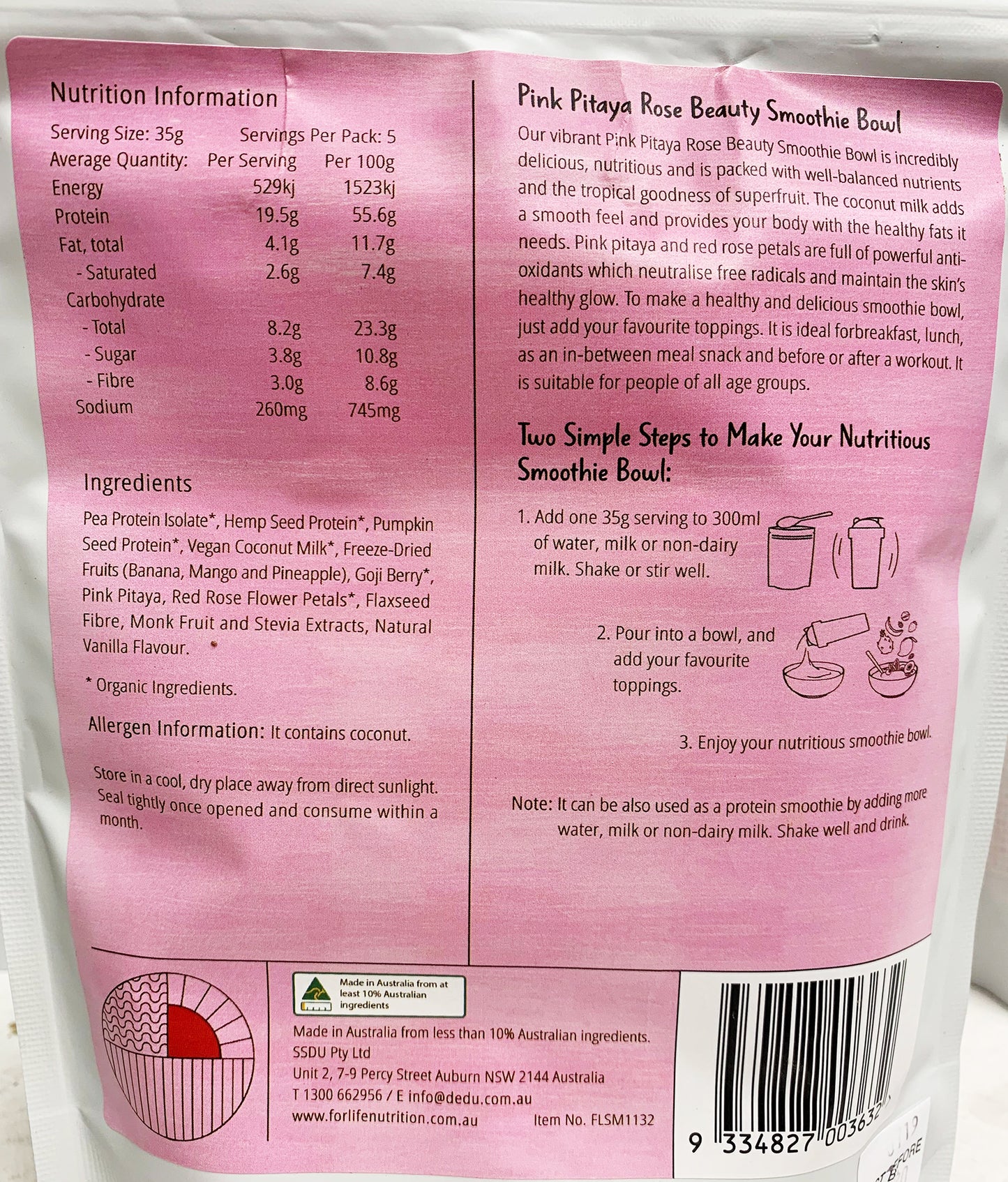 For Life Protein Smoothie Bowl Pink Pitaya Rose 175g