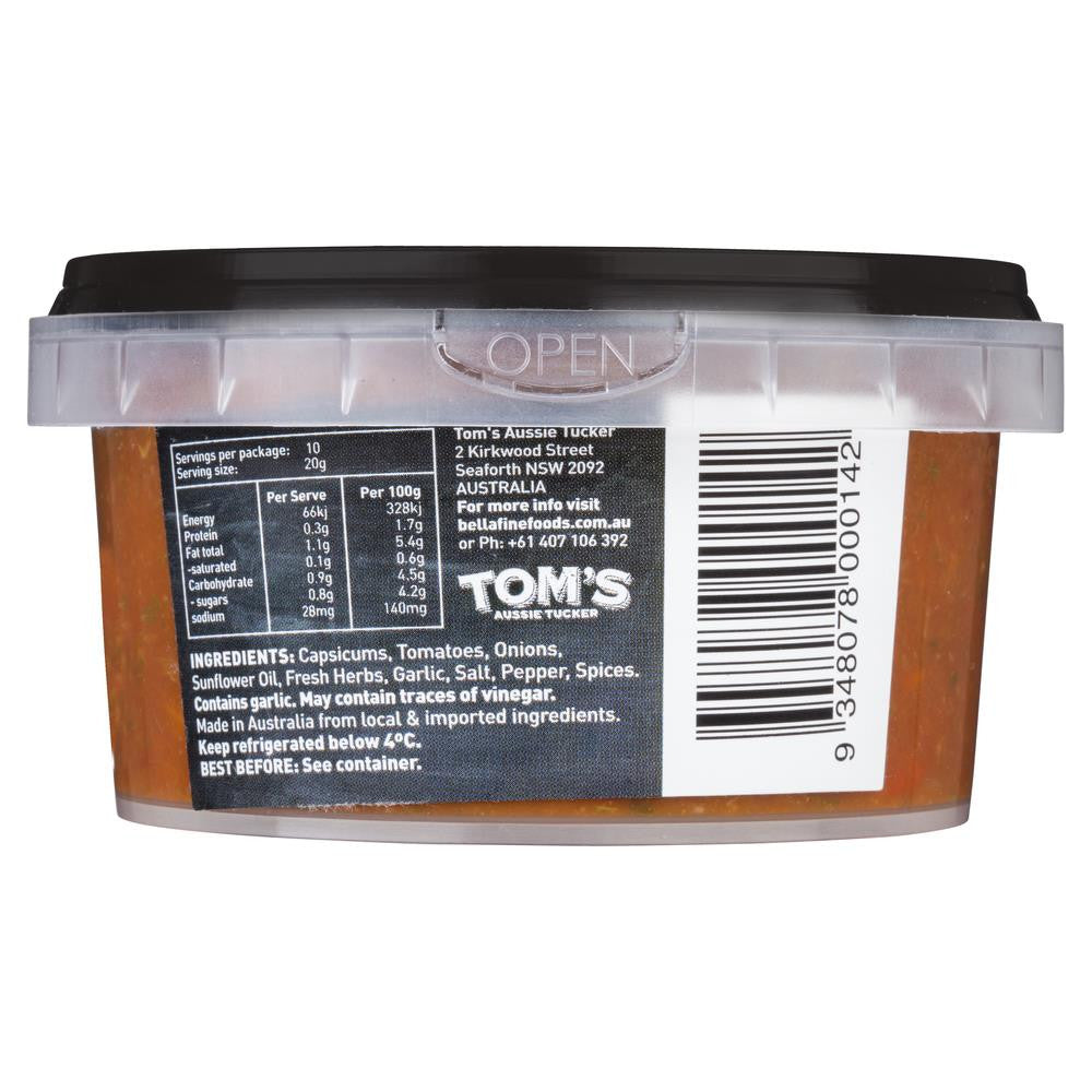 Tom's Aussie Tucker Gourmet Dip Capsicum Salsa 200g , Frdg1-Antipasti - HFM, Harris Farm Markets
 - 2
