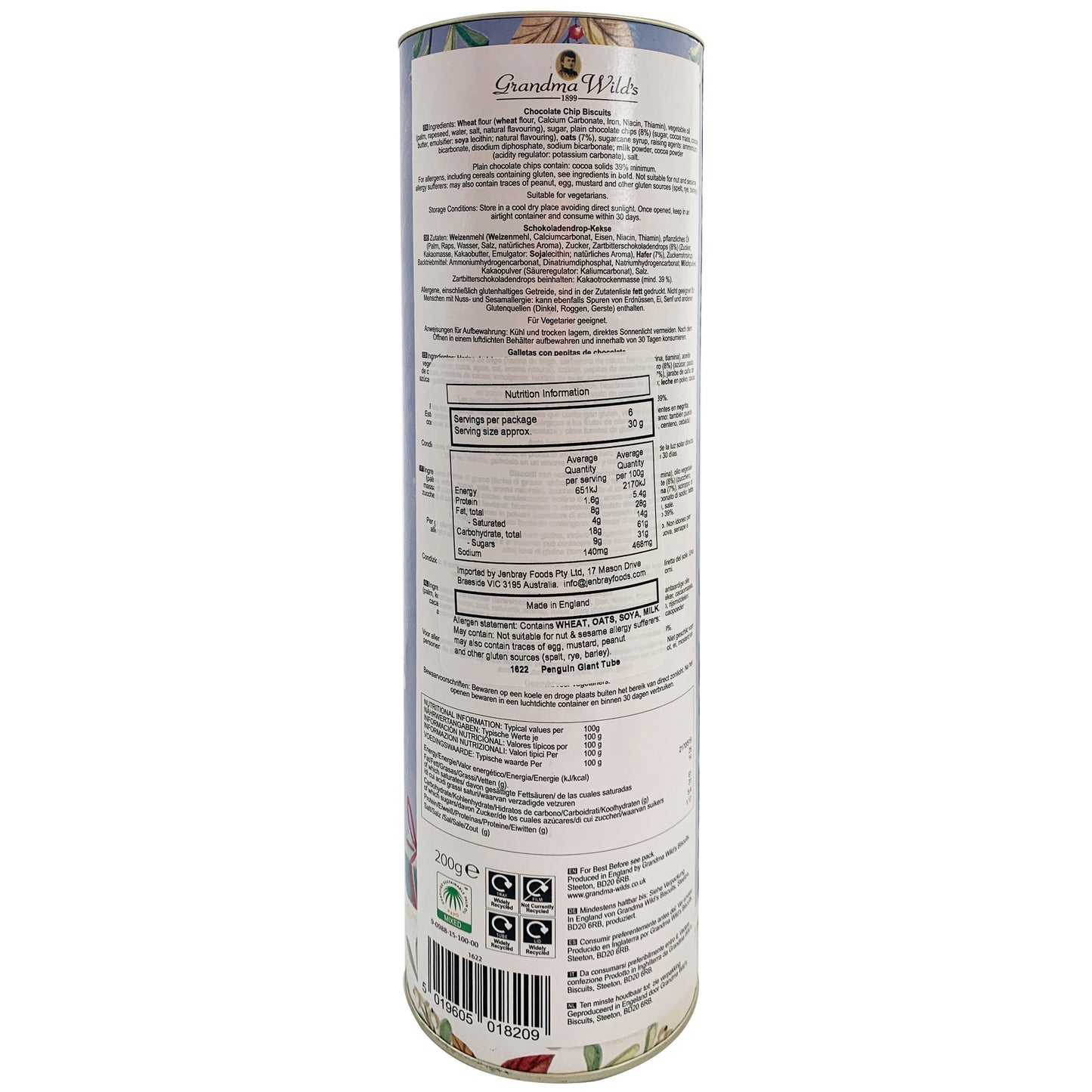 Grandma Wild Chocolate Chip Biscuits Penguin Tube | Harris Farm Online