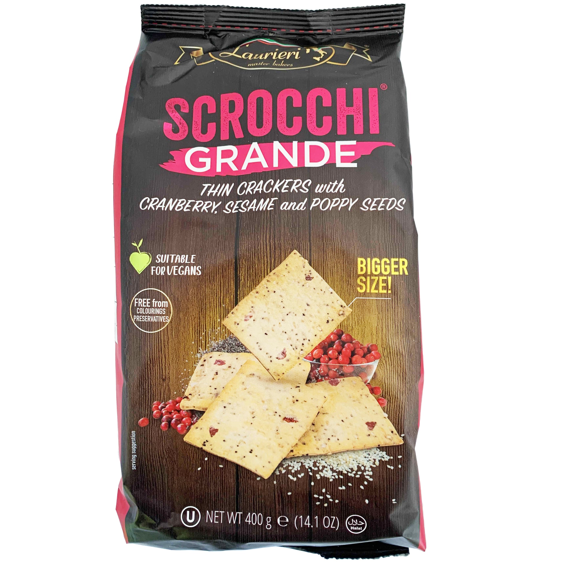 Laurieri Scrocchi Grande Thin Crackers with Cranberry, Sesame and Poppy Seeds | Harris Farm Online
