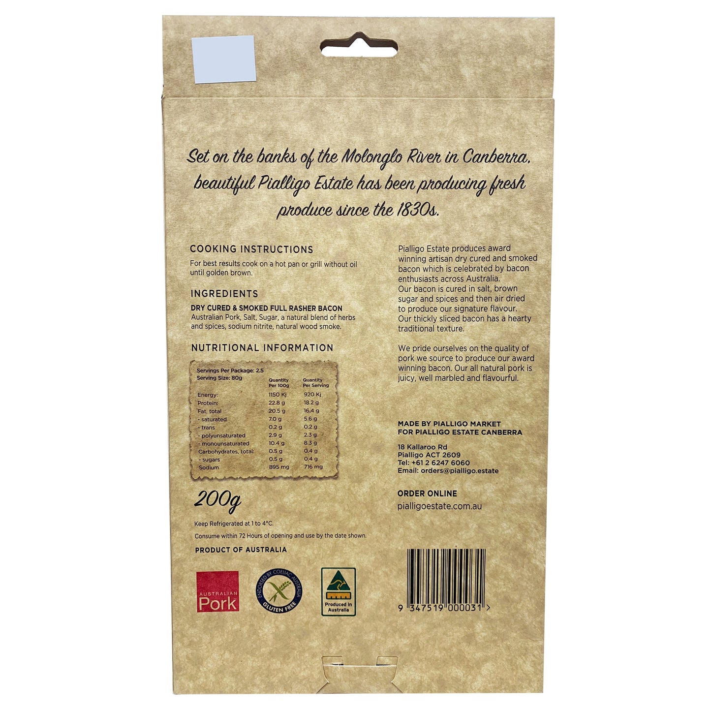 Bacon - Smoked Full Rasher (200g) Pialligo Estate