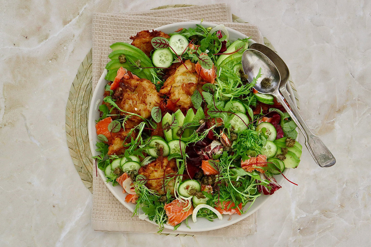 Hot Smoked Salmon Salad - with Potato Rosti and Herbed Yoghurt Dressing | Harris Farm Online