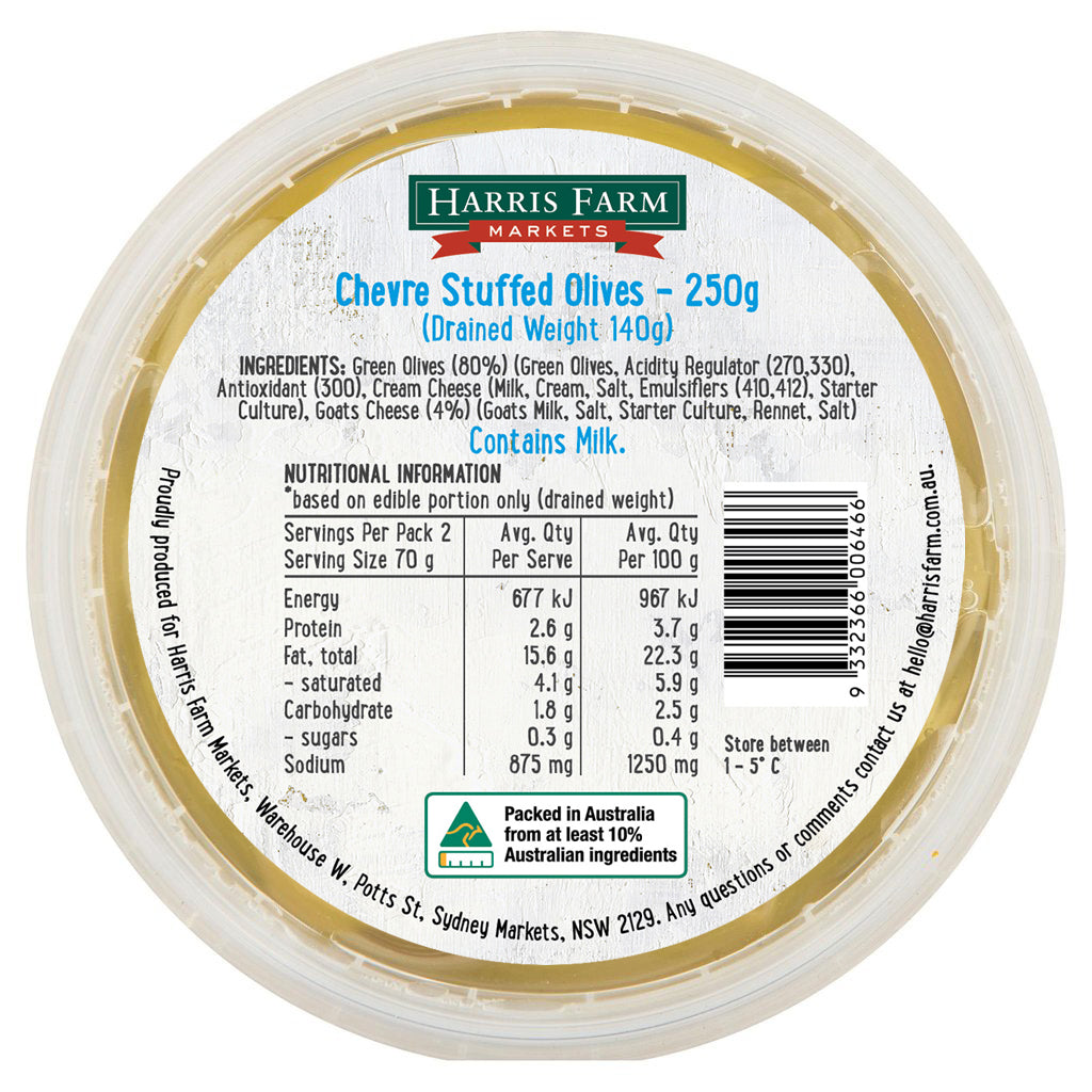 Harris Farm Olives Chevre Stuffed 250g