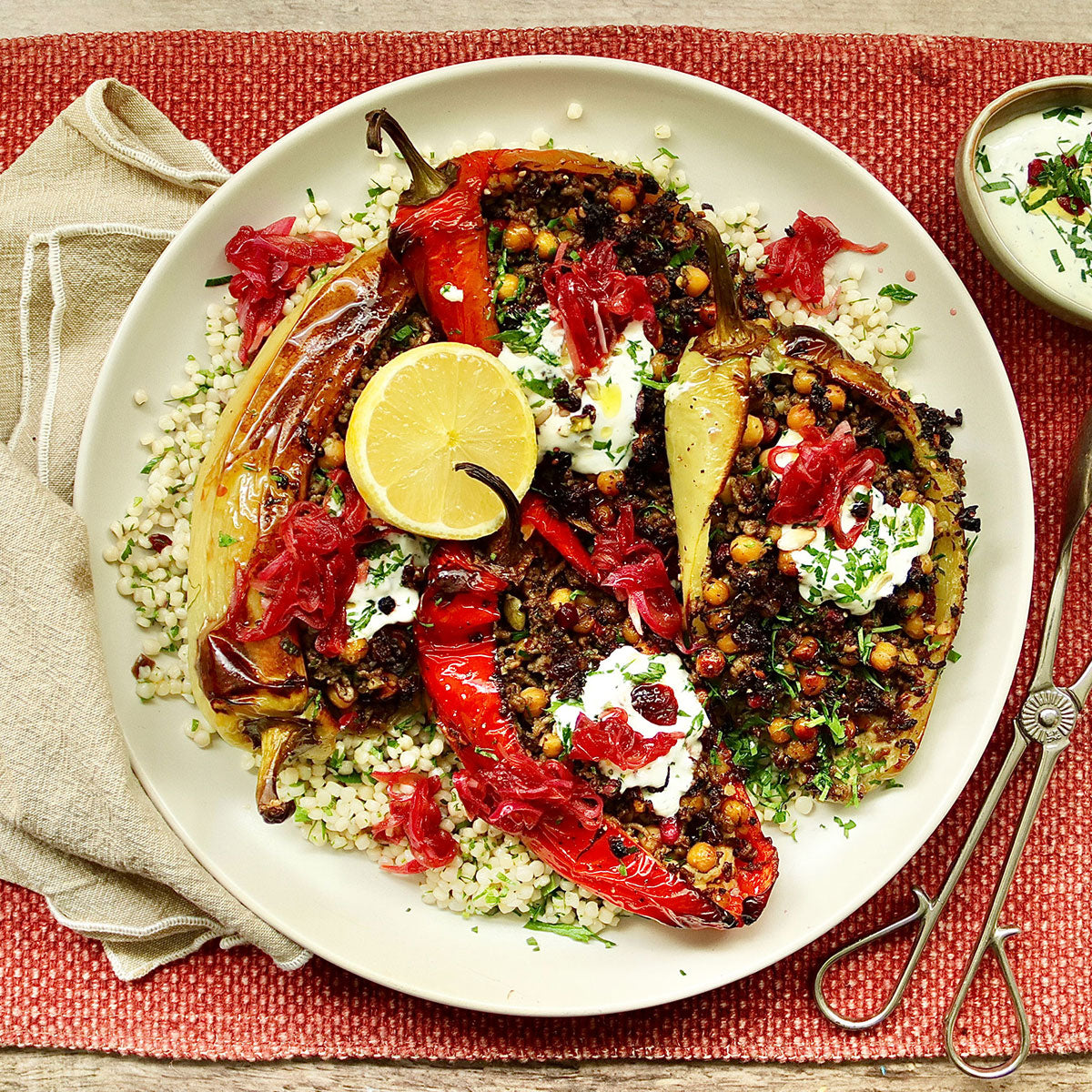 Stuffed Bullhorn Chillies - with Zaatar Lamb and Tzatziki Dressing | Harris Farm Online