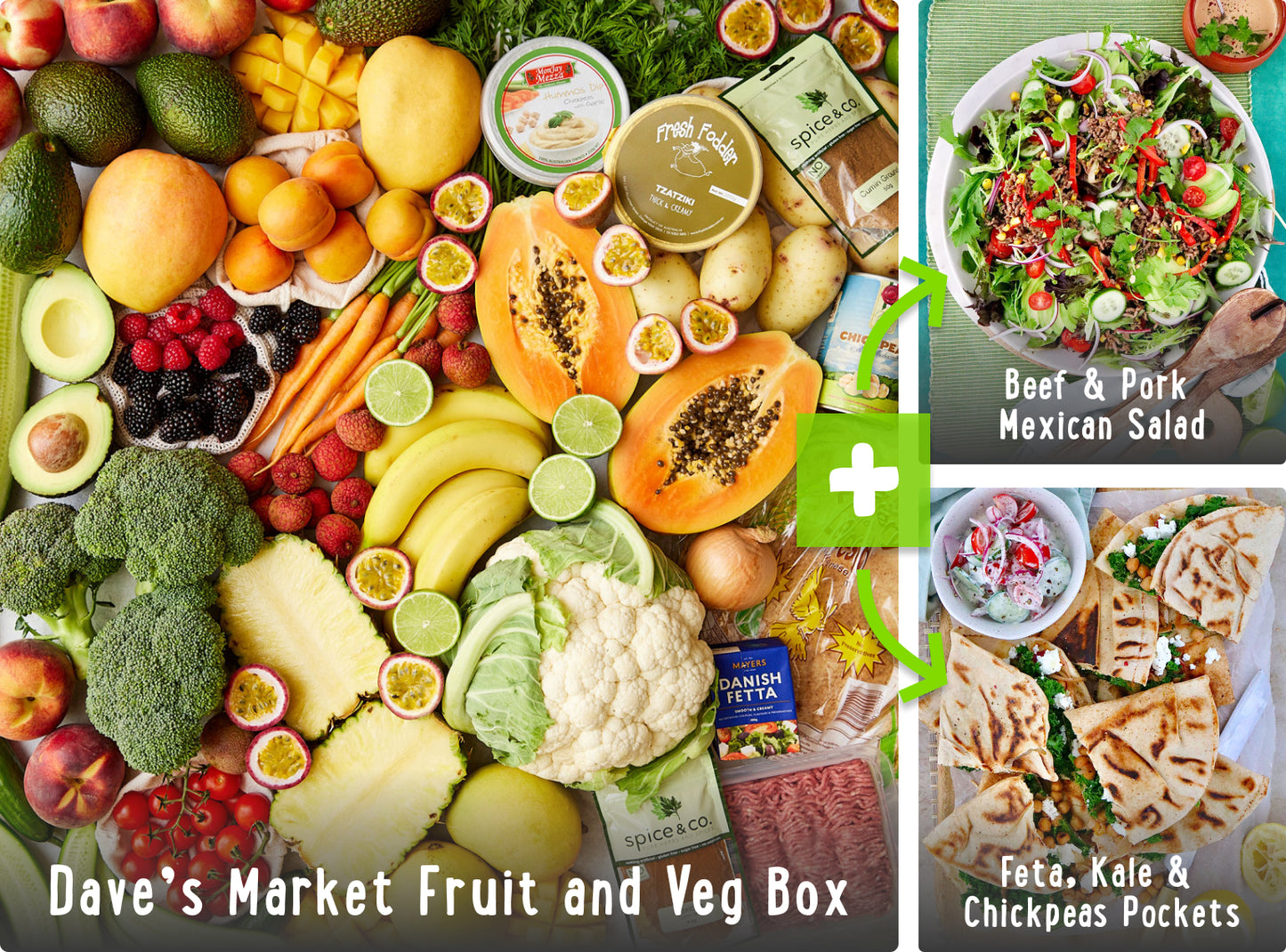 Dave's Recipe Box - Beef Pork Mexican Salad and Feta Chickpea Pockets | Harris Farm Online