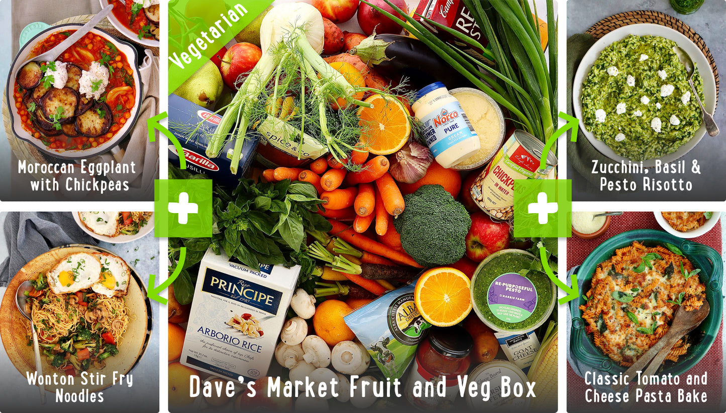 Dave's Vegetarian Recipe Box - Moroccan Eggplant, Wonton Stir Fry Noodles, Zucchini Pesto Cheese Risotto and Tomato Cheese Pasta Bake | Harris Farm Online