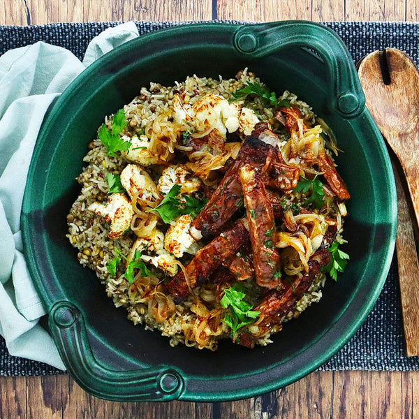 Organic Moroccan Lamb Ribs with Roasted Cauliflower and Mixed Jade