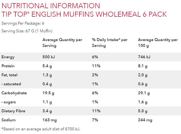 Tip Top English Muffins Wholemeal x6 400g