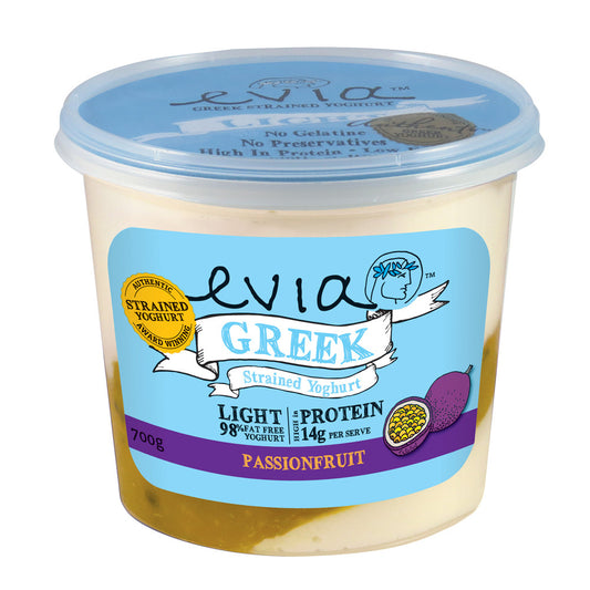Evia Thick & Lite Passionfruit Strained Greek Yoghurt 700g , Frdg2-Dairy - HFM, Harris Farm Markets
 - 1