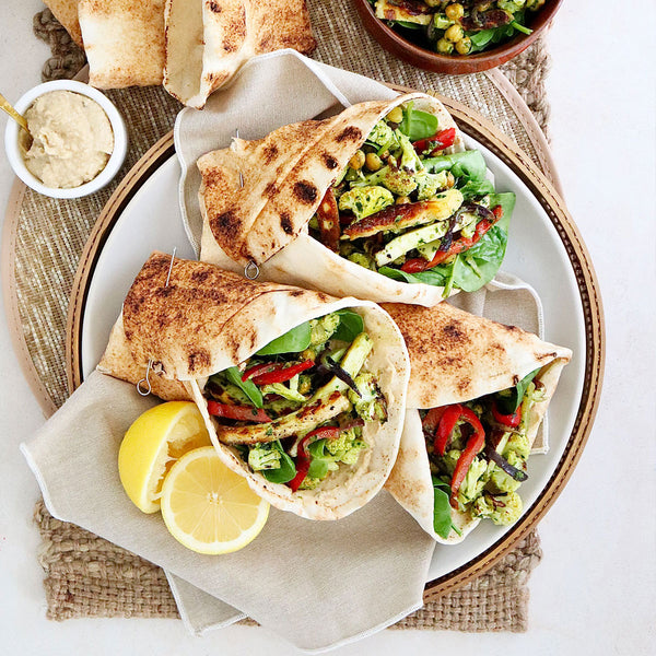 Roasted Vegetable Shawarmas with Hummus and Salsa Verde Harris Farm