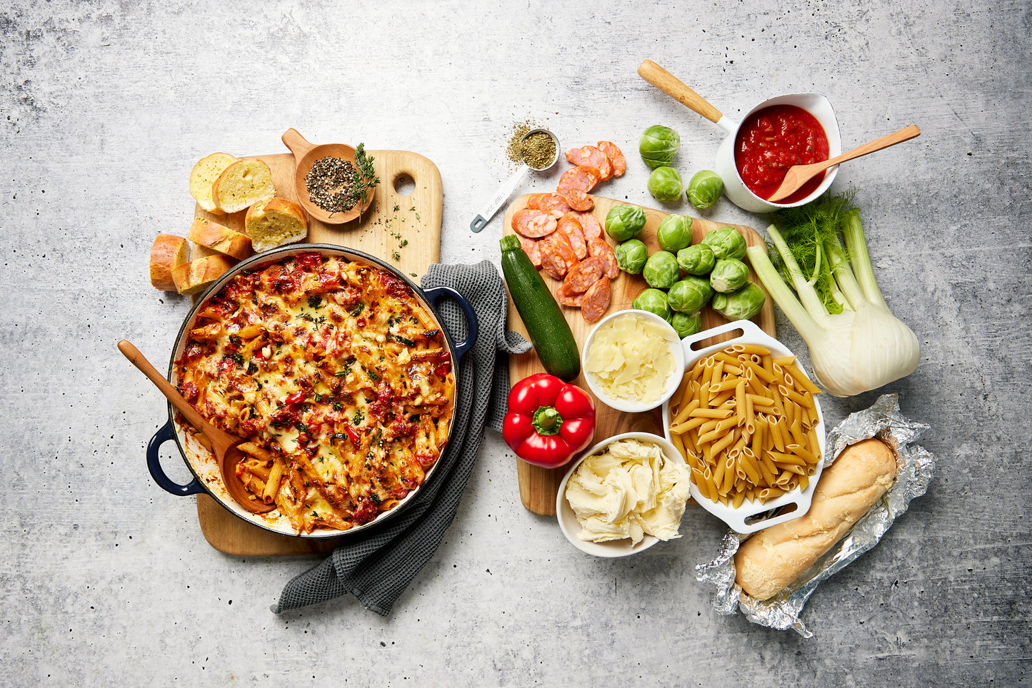 Penne and Chorizo Pasta Bake - with Garlic Bread