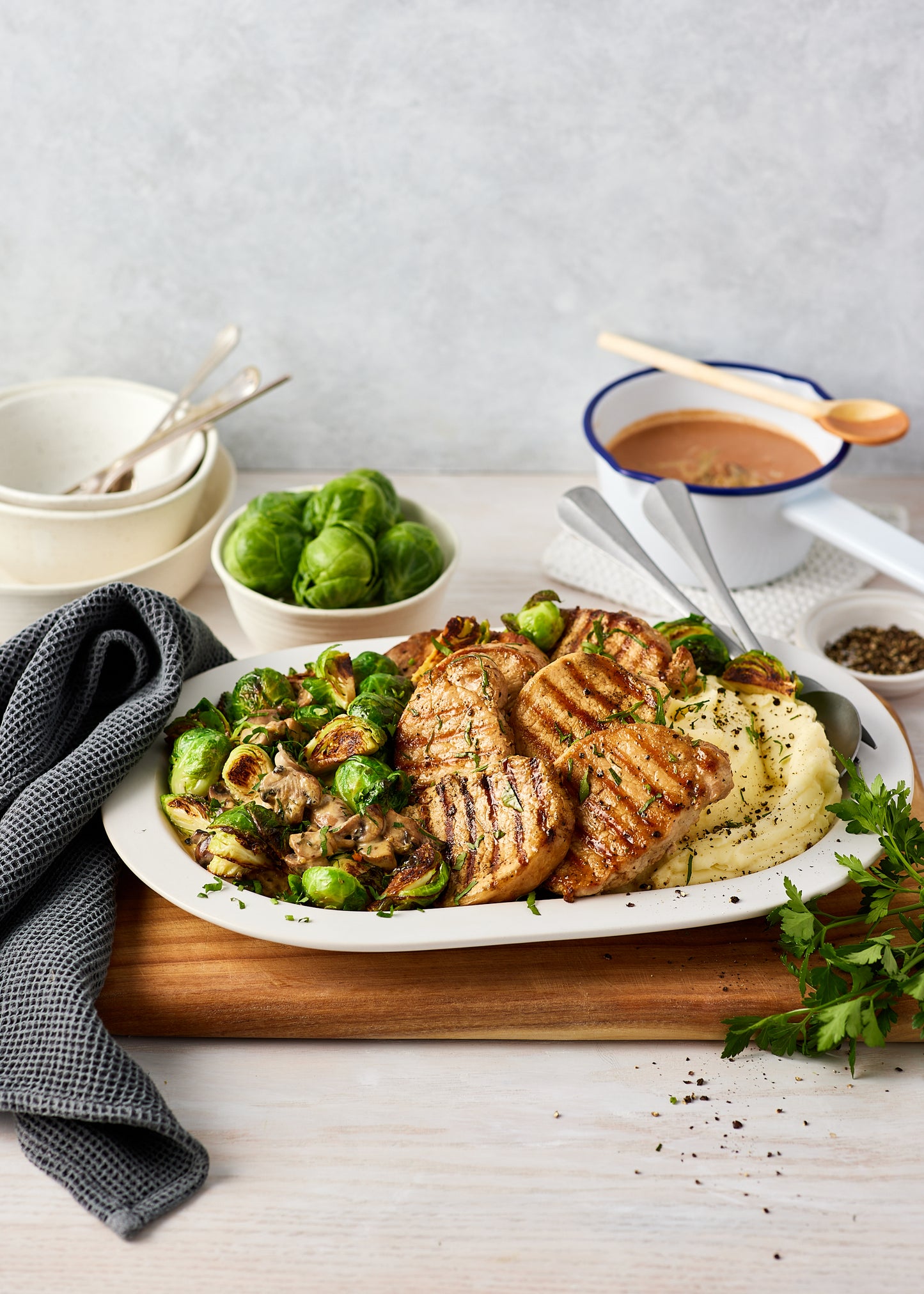 Pork Loin Steaks - with Creamy Mushroom & Brussels Sprouts