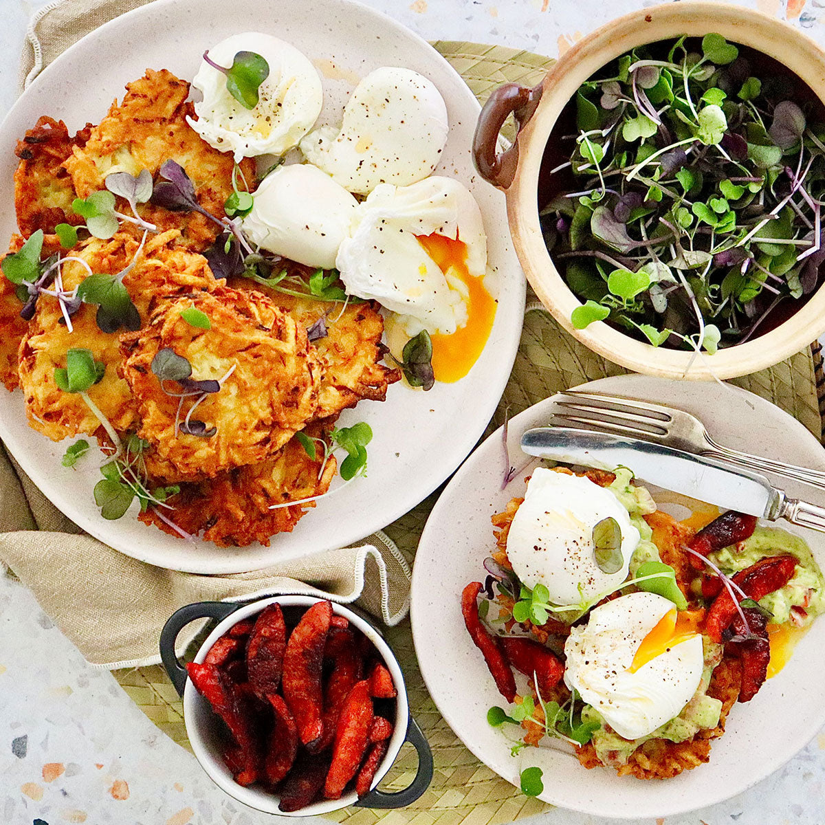 Potato Rosti - with Chorizo, Poached Eggs and Guacamole | Harris Farm Online