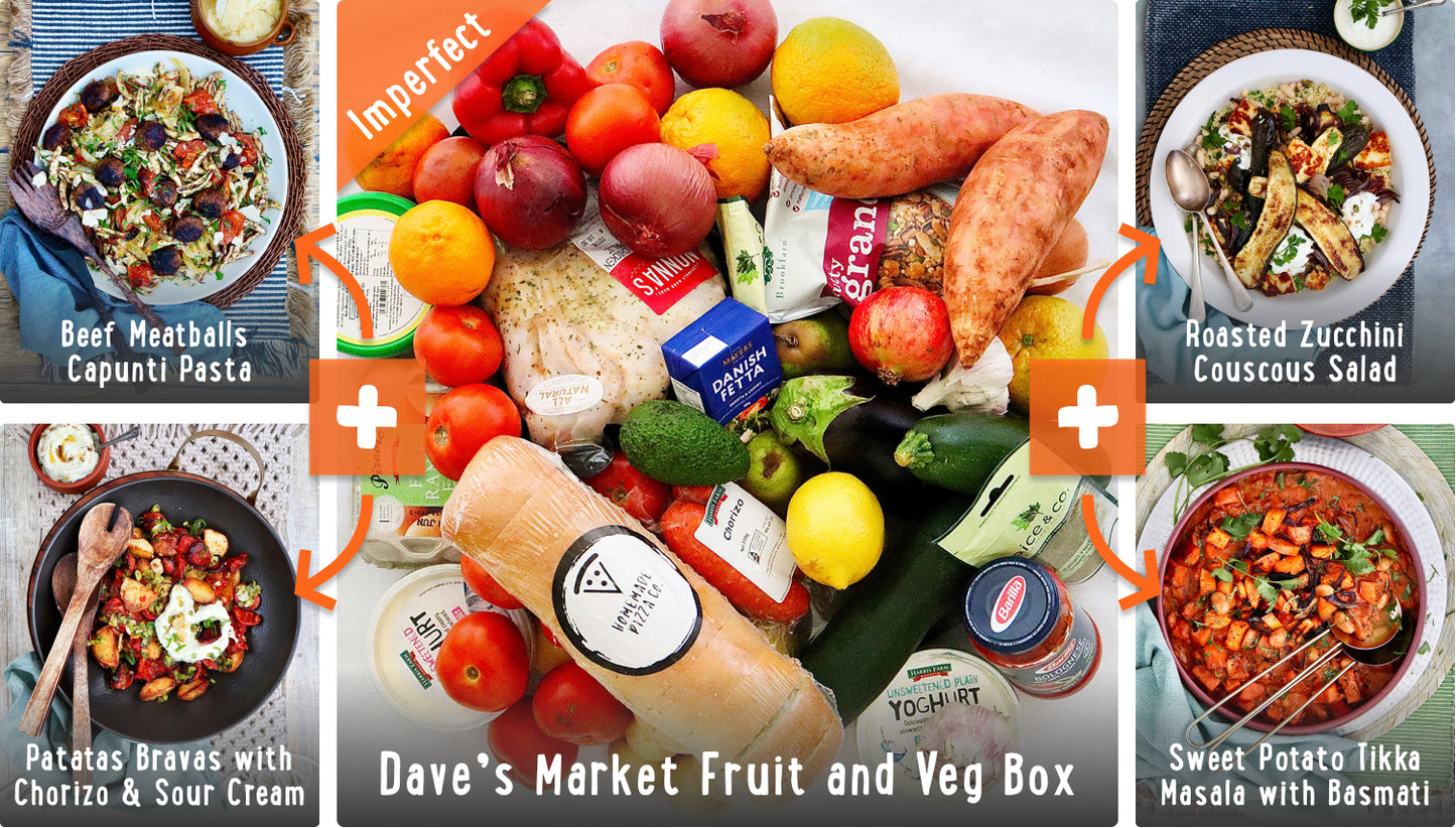 Imperfect's Recipe Box - Beef Meatballs Capunti Pasta, Chorizo Patatas Bravas, Roasted Zucchini Couscous Salad and Sweet Potato Tikka Masala | Harris Farm Online