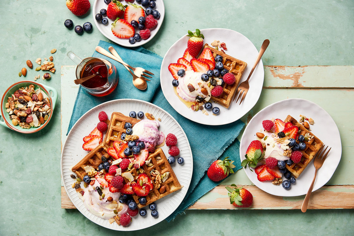 Banana Waffle - with Berries Yoghurt Mixed Nuts and Maple Syrup | Harris Farm Online