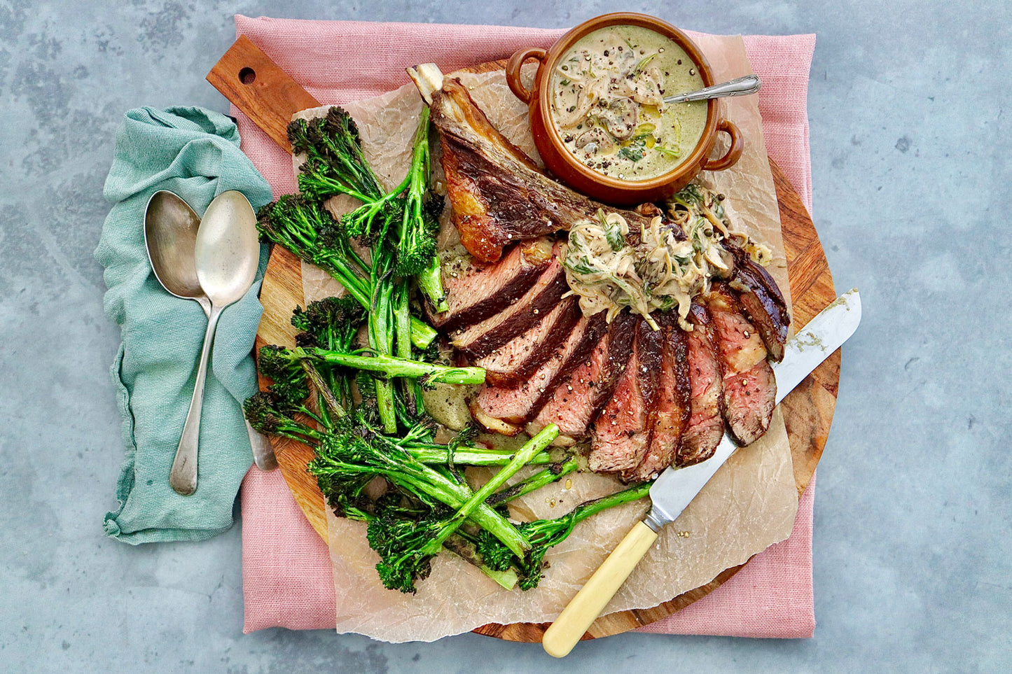 Rib Eye On The Bone - with Green Peppercorn and Mushroom Sauce | Harris Farm Online